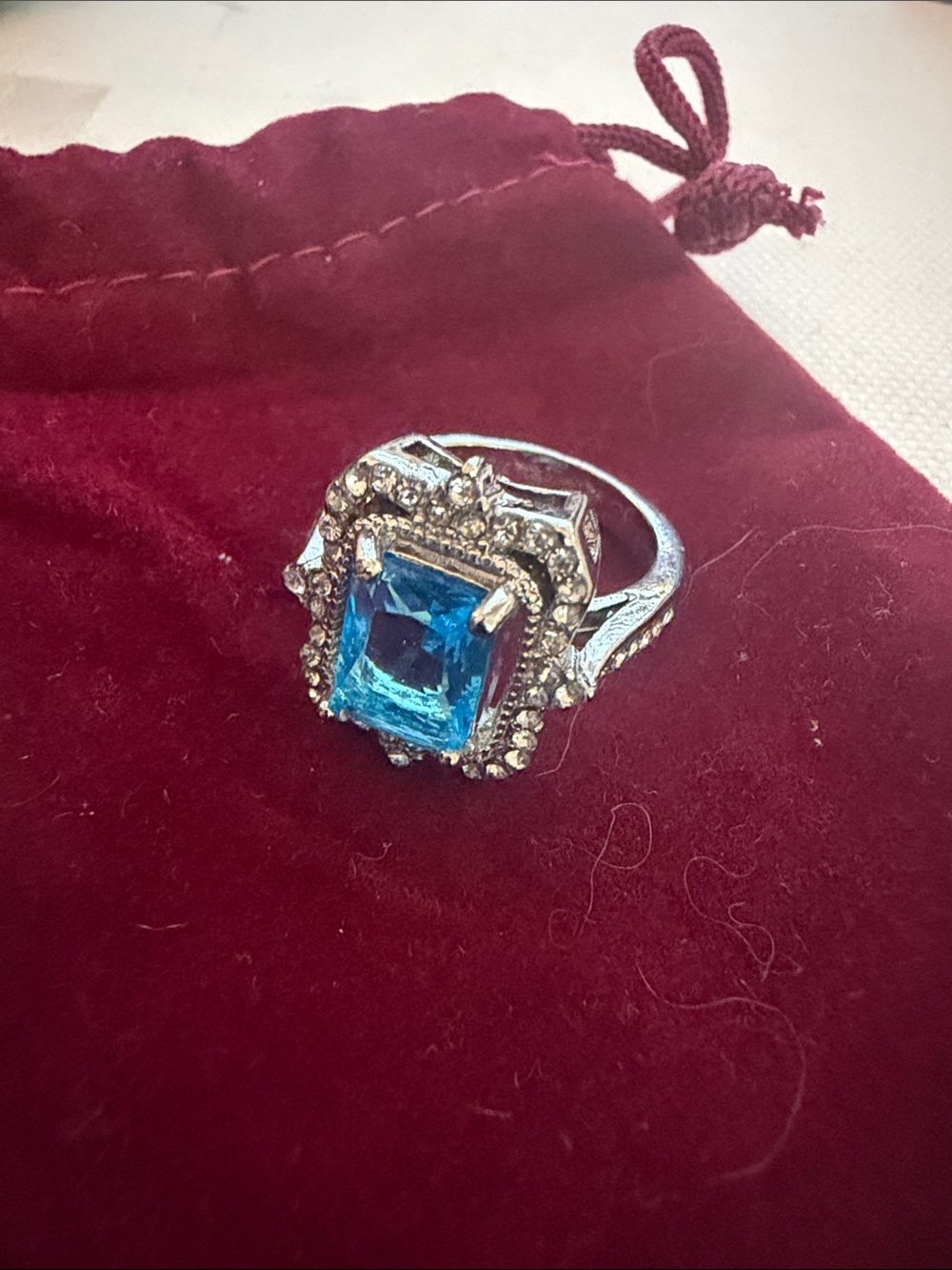 Blue Square Crystal Halo Ring - Women's Fashion Jewelry